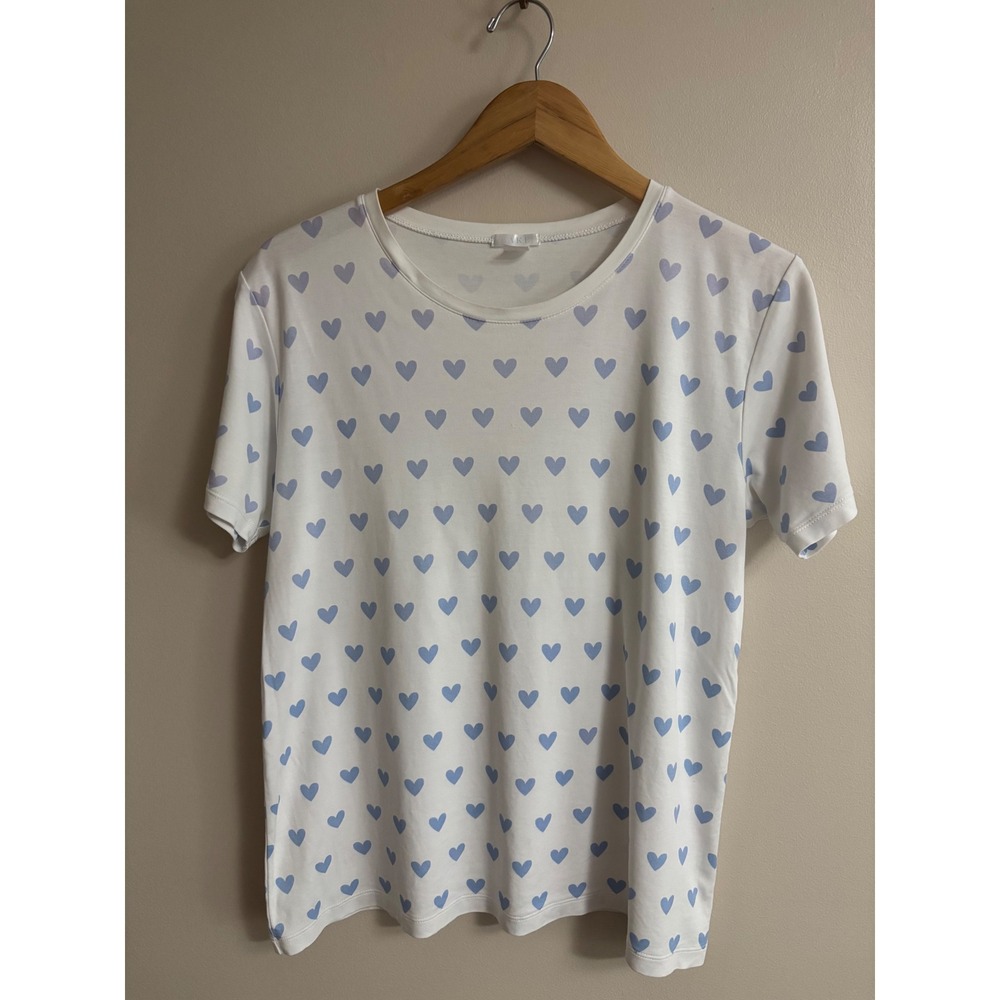 LAKE Pajamas Womens Large White Blue Heart Print Pima Cotton Sleep Shirt Top